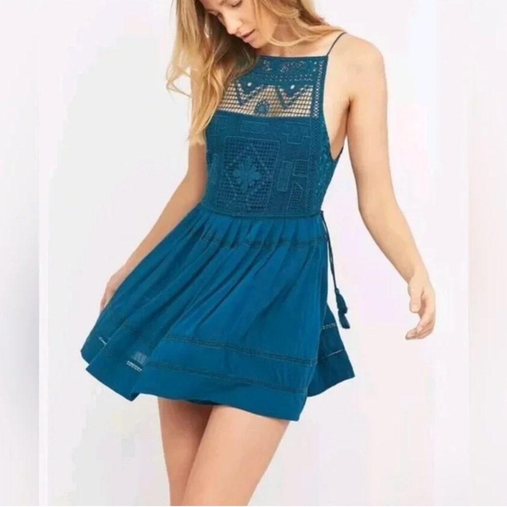Free People Emily Crocheted Illusion Fit & Flare Blue Tunic Dress Size M Boho
